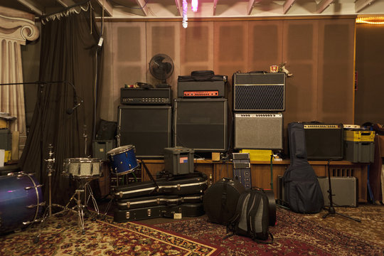 Musical instruments and audio equipment in a sound studio