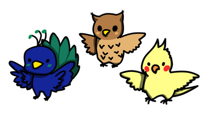 Set of cartoon styled cute birds. Peacock. Owl. Cockatiel
