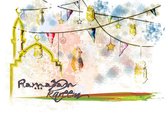 Ramadan Kareem - Blessed holiday. Artistic abstract watercolor islamic muslim holiday background with mosque and color splash grunge, with crescent with a star and eid lanterns, crescent with a star.