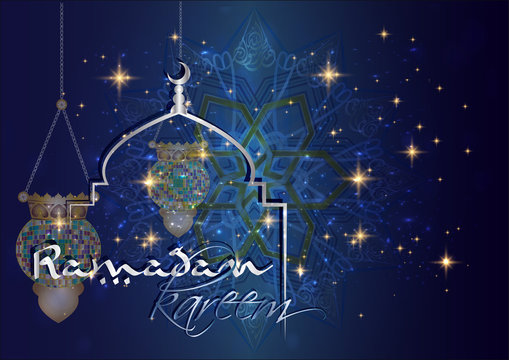 Ramadan kareem - muslim islamic holiday celebration greeting card or wallpaper with golden arabic ornaments, calligraphy, mosque, crescent with a star and eid fanous lantern