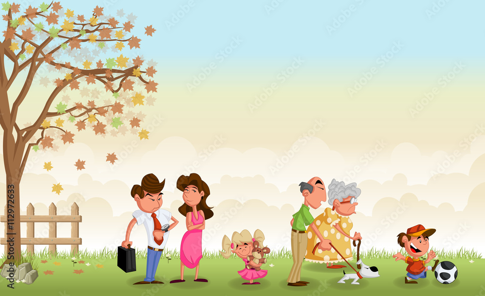 Wall mural Green grass landscape with cute cartoon family.
