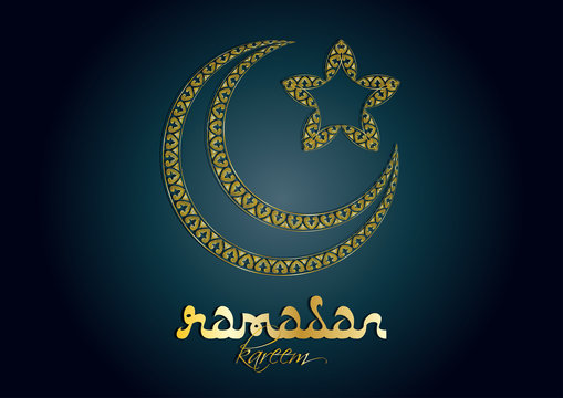 Ramadan kareem - muslim islamic holiday celebration greeting card or wallpaper with golden arabic ornaments, calligraphy, crescent with a star and copy space for text
