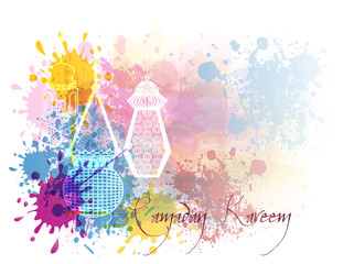 Ramadan Kareem - islamic muslim holiday background or greeting card, with ornamental arabic oriental calligraphy, and eid holiday fanous lanterns, abstract artistic color splash grunge.