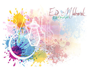 Eid Mubarak - islamic muslim holiday background or greeting card, with ornamental arabic oriental calligraphy, and eid holiday lanterns or lamps, abstract artistic color splash grunge.