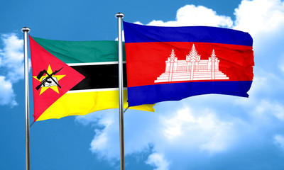 Mozambique flag with Cambodia flag, 3D rendering