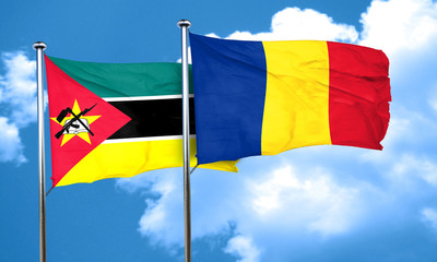 Mozambique flag with Romania flag, 3D rendering