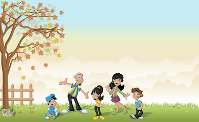 Green grass landscape with cute cartoon latin family.
