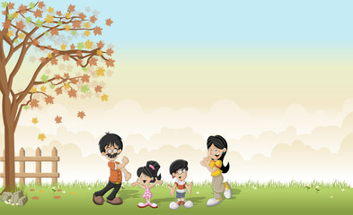 Green grass landscape with cute cartoon asian family.
