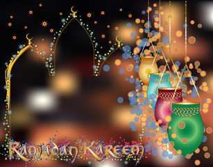Ramadan Kareem - colorful muslim islamic holiday festival background with mosque silhouette, colorful eid lanterns, and stars and confetti glitter