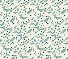 Vector seamless pattern. Modern stylish hand drawn floral texture with structure of repeating tree branches with leaves and berries. - 112974299