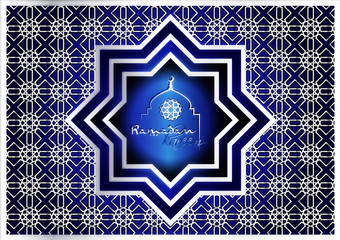 Ramadan Kareem - Ramadan Background mosque window with arabic arabesque pattern paper cutout, with arabic calligraphy and mosque silhouette. Greeting card or wallpaper background.