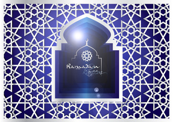 Ramadan Kareem - Ramadan Background mosque window with arabic arabesque pattern paper cutout, with arabic calligraphy and mosque silhouette. Greeting card or wallpaper background.