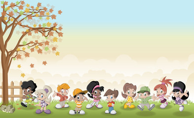 Green grass landscape with cute cartoon kids.
