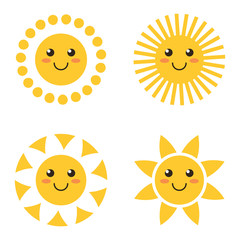 Flat design smiling cartoon sun set, collection isolated on white background. Vector illustration.