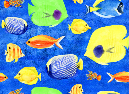 watercolor hand painted seamless pattern with fish of coral reef