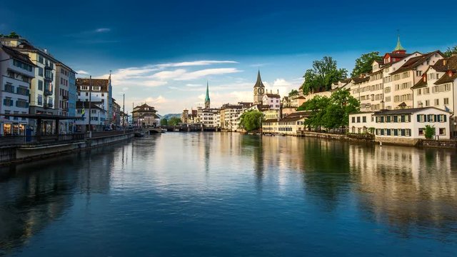 View of historic Zurich city center with famous Fraumunster Church, Limmat river and Zurich lake