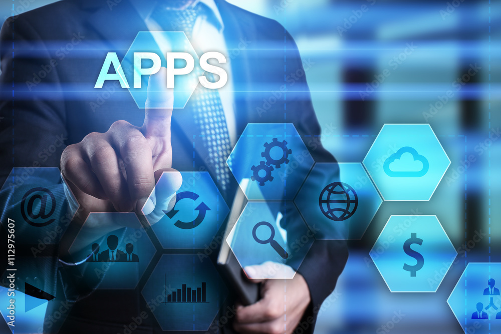 Aufkleber businessman pressing button on touch screen interface and select apps. busines concept.