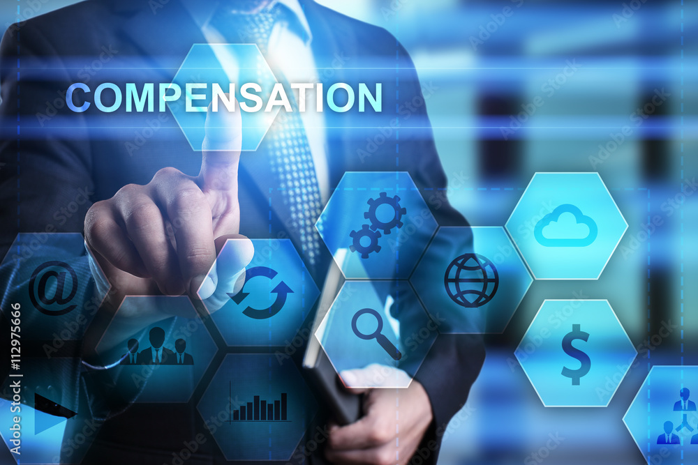 Poster businessman pressing button on touch screen interface and select compensation. busines concept.