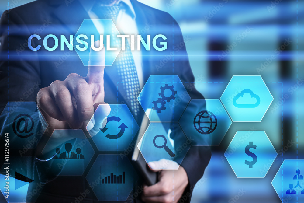 Poster businessman pressing button on touch screen interface and select consulting. busines concept.