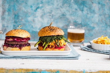 Trend homemade burgers. Rustic pastel style.