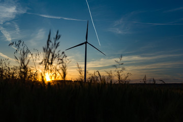 Wind turbines in Kittsee, Austria at evening
