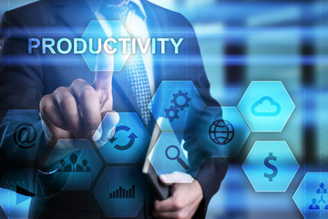 Businessman pressing button on touch screen interface and select. productivity  busines concept.