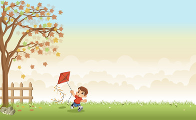 Obraz na płótnie Canvas Green grass landscape with cute cartoon boy with a kite 