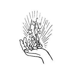 Magic miraculous pills falling on the palm and the shining