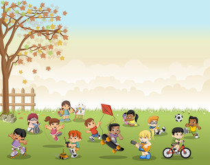 Green grass landscape with cute cartoon kids playing. Sports and recreation.