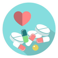 Pills and tablets. Heap of tablets, capsules and pills. Colored pills and tablets.