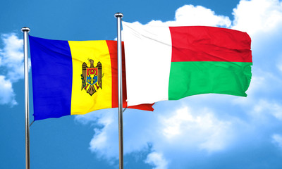 Moldova flag with Madagascar flag, 3D rendering
