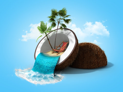 tropical island in coconut Travell concept 3d render on gradient