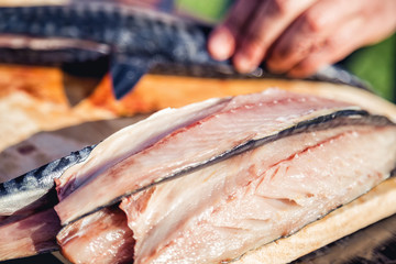 cutting board cooking fish dishes, food