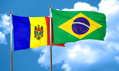 Moldova flag with Brazil flag, 3D rendering