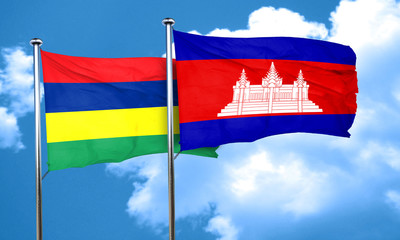 Mauritius flag with Cambodia flag, 3D rendering