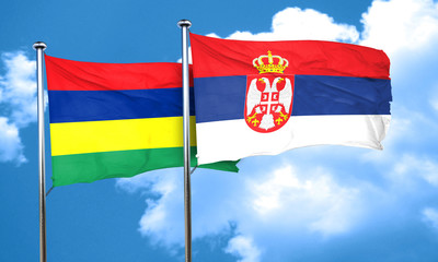 Mauritius flag with Serbia flag, 3D rendering