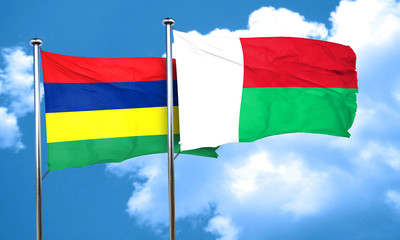 Mauritius flag with Madagascar flag, 3D rendering