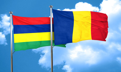 Mauritius flag with Romania flag, 3D rendering
