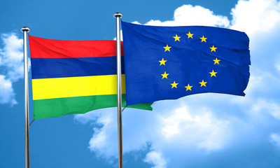 Mauritius flag with european union flag, 3D rendering