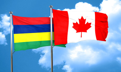 Mauritius flag with Canada flag, 3D rendering