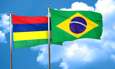 Mauritius flag with Brazil flag, 3D rendering