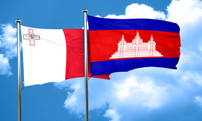 Malta flag with Cambodia flag, 3D rendering
