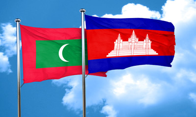 Maldives flag with Cambodia flag, 3D rendering