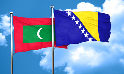 Maldives flag with Bosnia and Herzegovina flag, 3D rendering