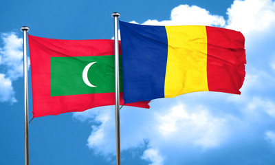 Maldives flag with Romania flag, 3D rendering