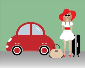 The lady goes on vacation. Vector illustration. There is a woman in a red hat near the red car on the picture