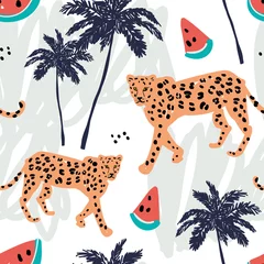 Washable wall murals Watermelon Orange leopard, watermelon and palm trees on a white background with pastel strokes. Vector seamless pattern with african animal and fruit. Tropical illustration. Hand drawn.