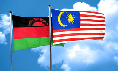 Malawi flag with Malaysia flag, 3D rendering