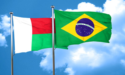 Madagascar flag with Brazil flag, 3D rendering