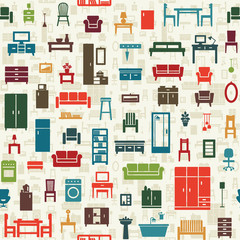 Naklejka premium Vector seamless pattern background with home furniture icons 3.